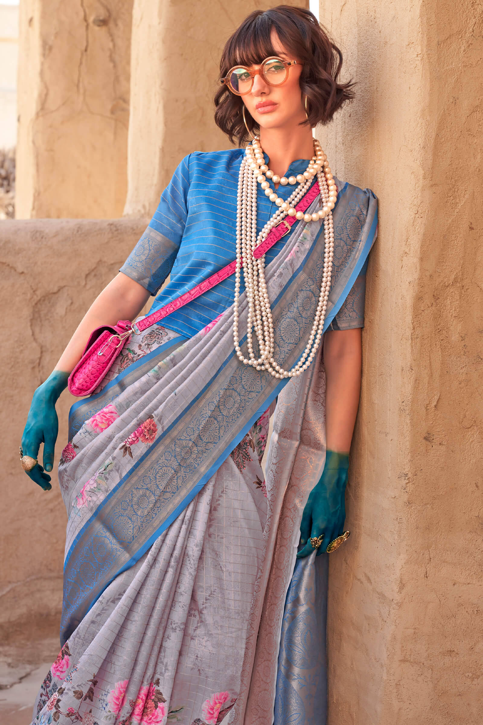 Desultory Grey Digital Printed Cotton Silk Saree With Exquisite Blouse Piece - Image 2