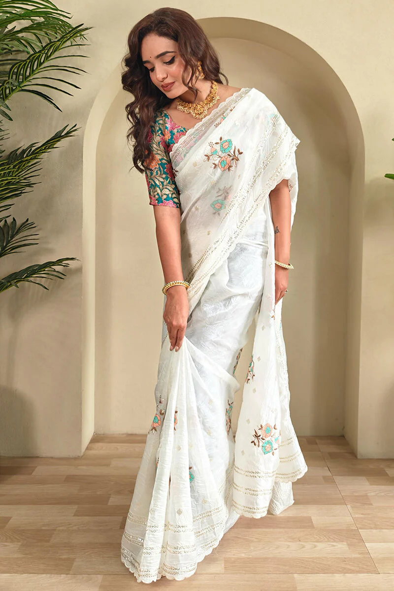 Desultory Off White Embroidery Work Organza Silk Saree With Wonderful Blouse Piece - Image 4