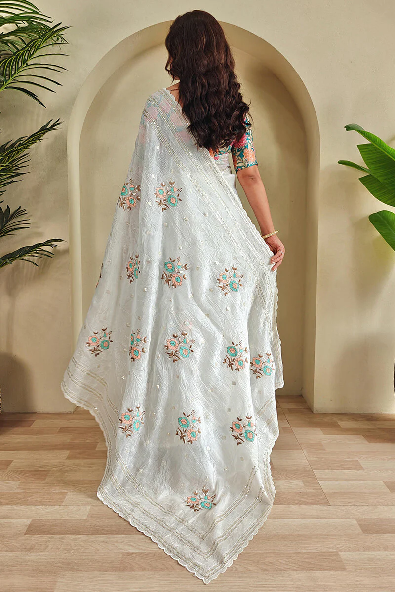 Desultory Off White Embroidery Work Organza Silk Saree With Wonderful Blouse Piece - Image 6