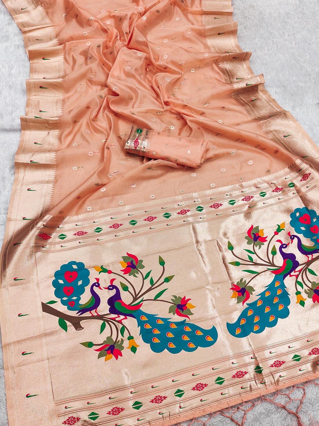 Desultory Peach Paithani Silk Saree With Ratatouille Blouse Piece - Image 2