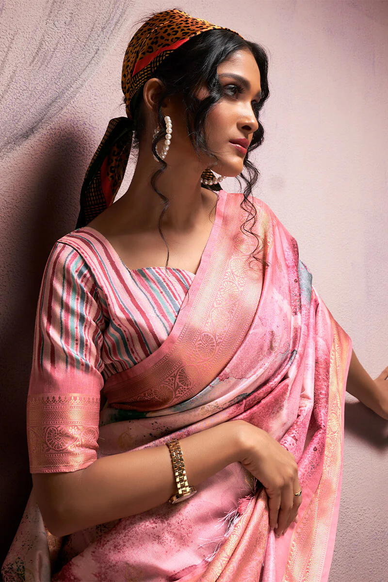 Desultory Pink Digital Printed Soft Silk Saree With Eloquence Blouse Piece - Image 2