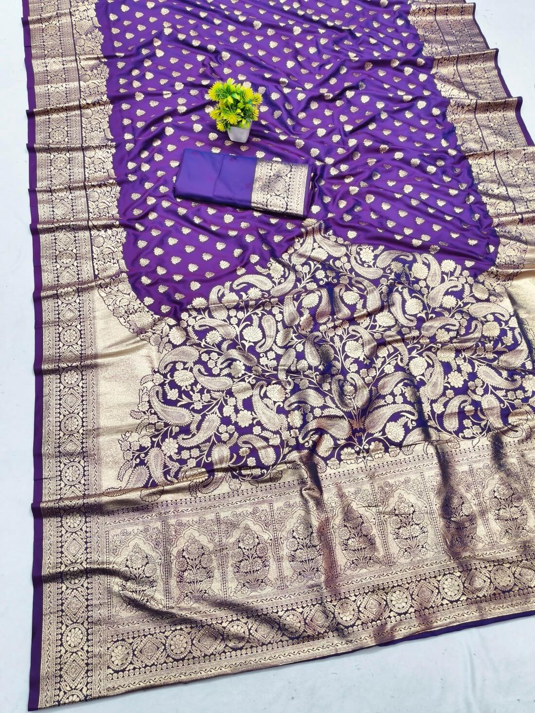 Desultory Purple Pure Zari Weaving Banarasi Silk Saree With Devastating Blouse Piece - Image 2