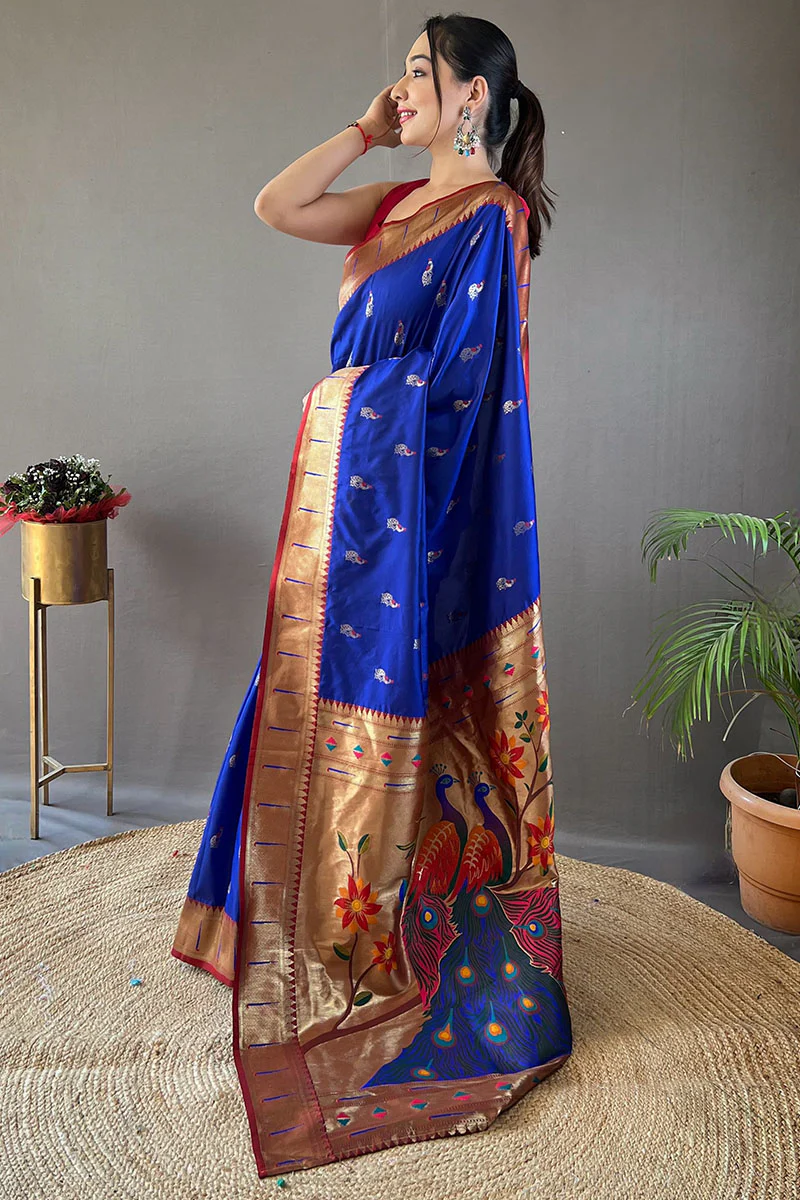 Desultory Royal Blue Paithani Silk Saree With Embrocation Blouse Piece - Image 3