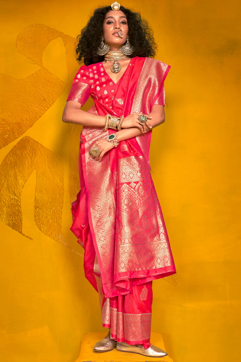 Devastating Dark Pink Soft Banarasi Silk Saree With Scrumptious Blouse Piece - Image 3
