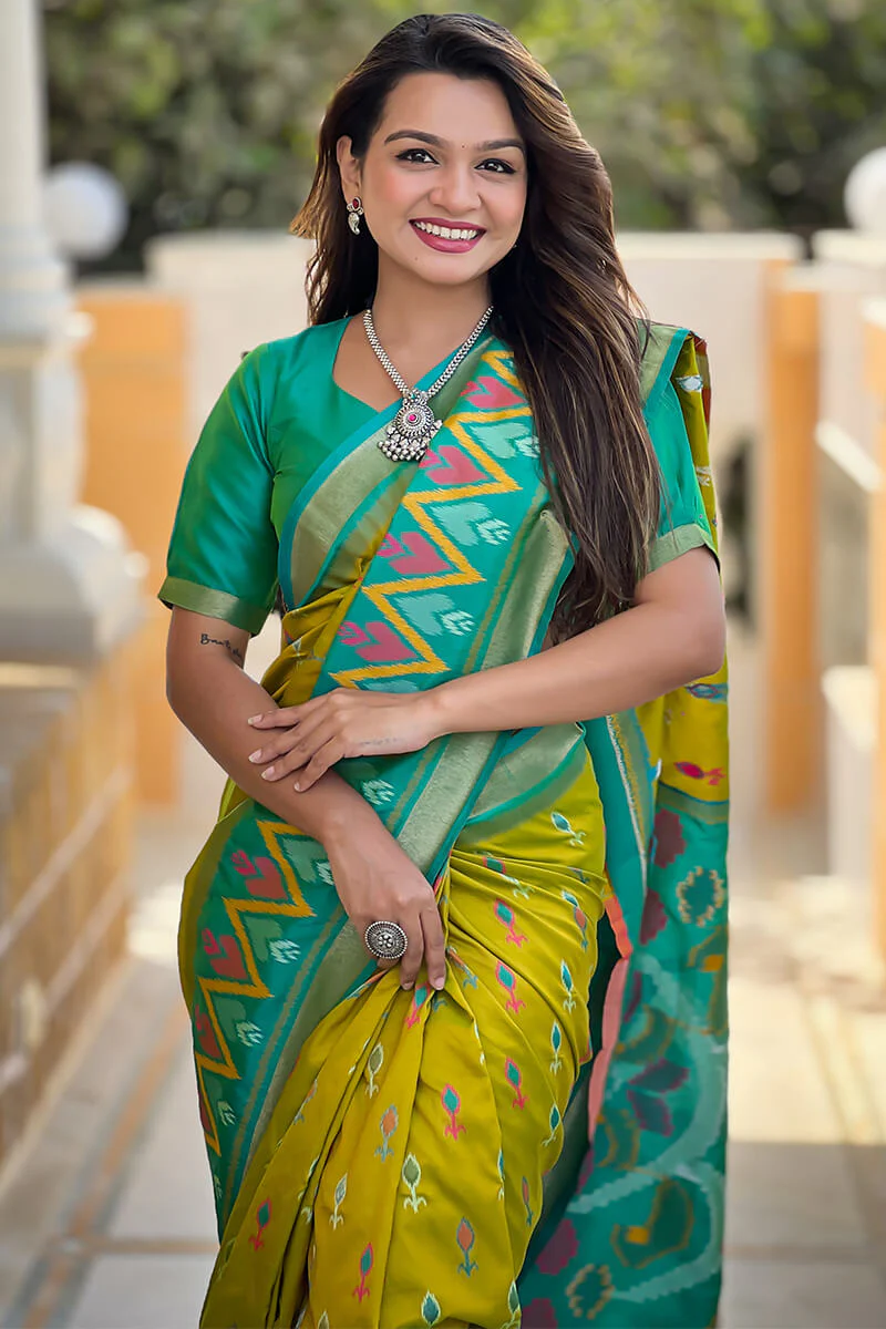 Devastating Mehndi Soft Banarasi Silk Saree With Twirling Blouse Piece - Image 2