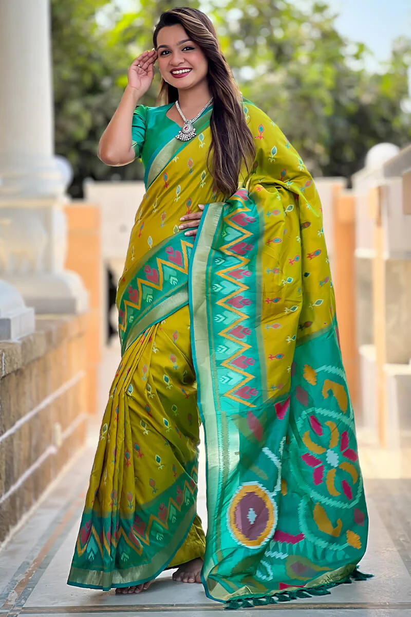 Devastating Mehndi Soft Banarasi Silk Saree With Twirling Blouse Piece - Image 3
