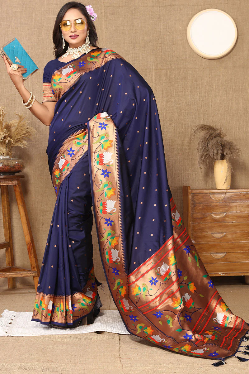 Devastating Navy Blue Paithani Silk Saree With Splendiferous Blouse Piece - Image 3