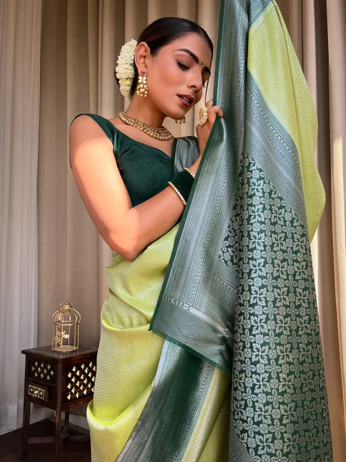 Devastating Pista Soft Silk Saree With Nemesis Blouse Piece - Image 2