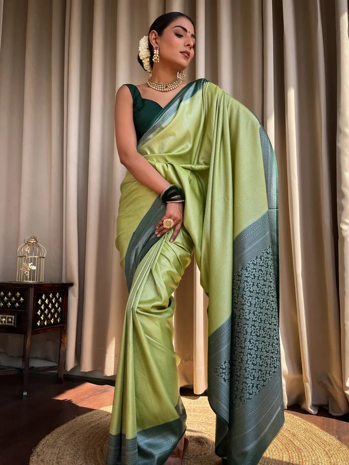 Devastating Pista Soft Silk Saree With Nemesis Blouse Piece - Image 3