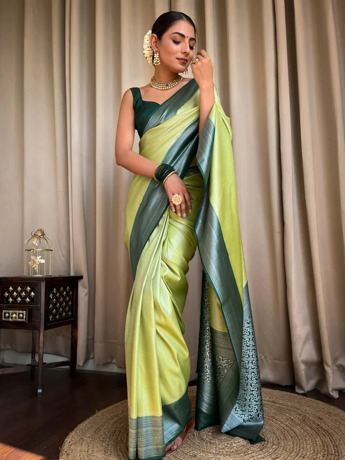 Devastating Pista Soft Silk Saree With Nemesis Blouse Piece - Image 4