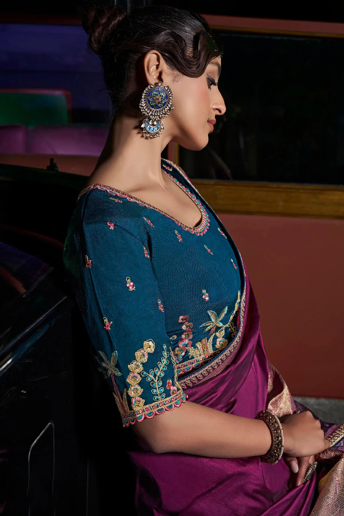 Devastating Purple Banarasi Satin Silk Saree With Embellished Blouse - Image 3
