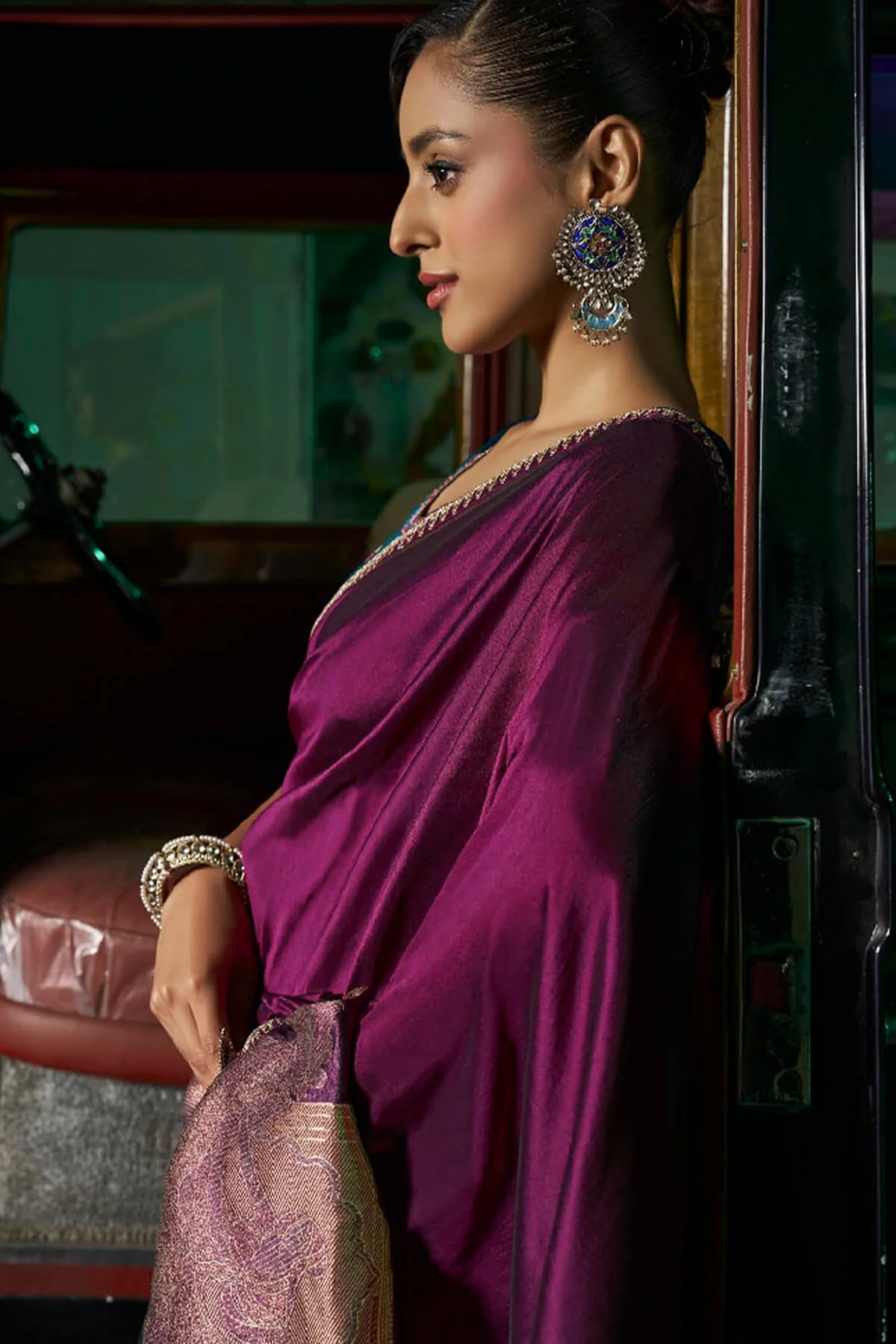 Devastating Purple Banarasi Satin Silk Saree With Embellished Blouse - Image 5