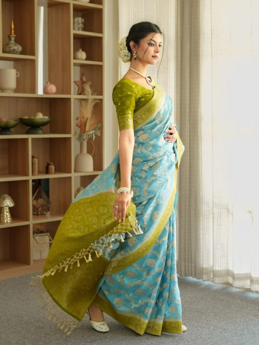 Devastating Sky Soft Silk Saree With Glamorous Blouse Piece - Image 5