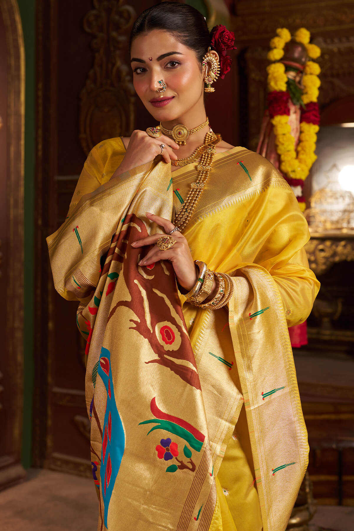 Devastating Yellow Organza Paithani Silk Saree With Beguiling Blouse Piece - Image 2