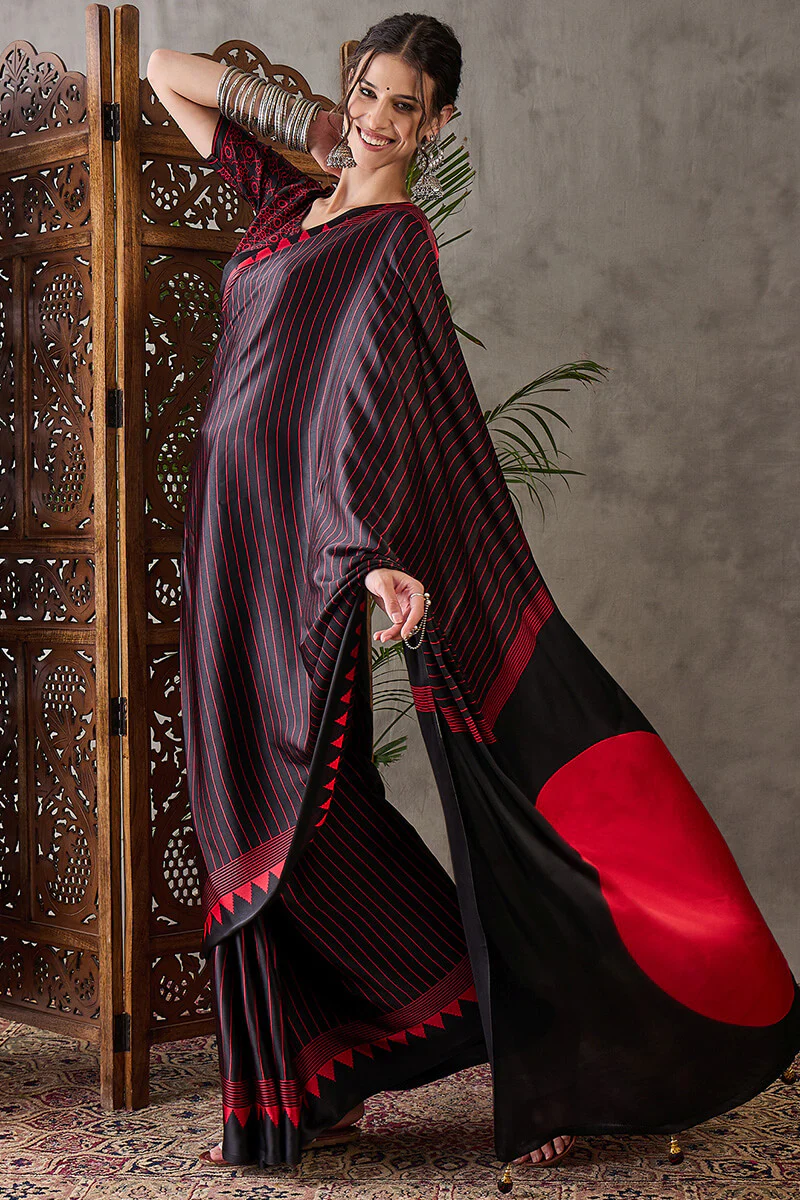 Diaphanous Black Ajrakh Printed Semi Modal Silk Saree With Majestic Blouse Piece - Image 6