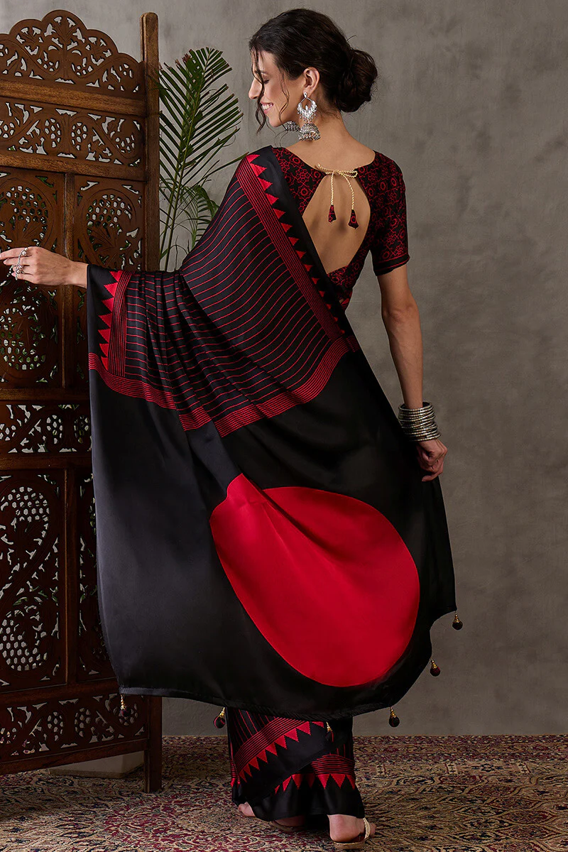 Diaphanous Black Ajrakh Printed Semi Modal Silk Saree With Majestic Blouse Piece - Image 7