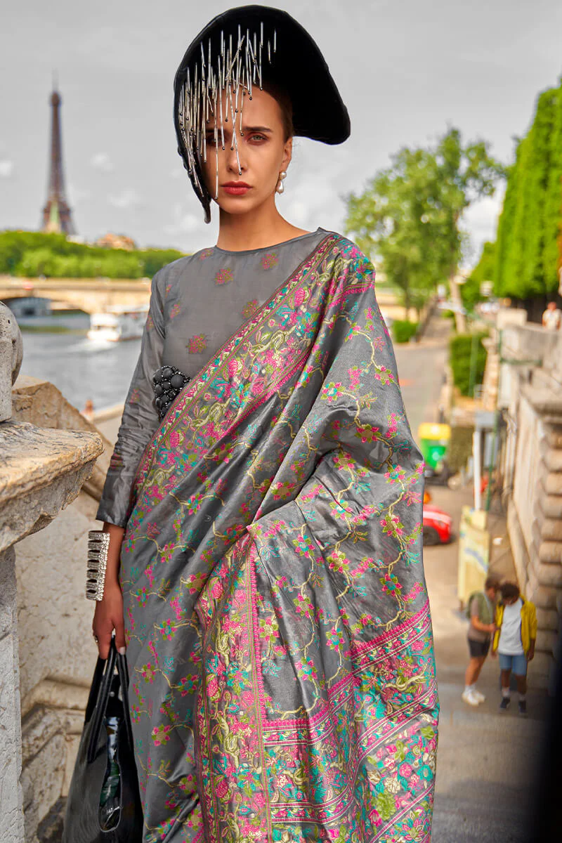 Diaphanous Grey Pashmina saree With Moiety Blouse Piece - Image 2