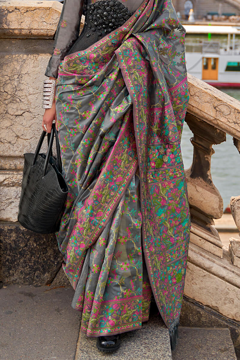 Diaphanous Grey Pashmina saree With Moiety Blouse Piece - Image 3