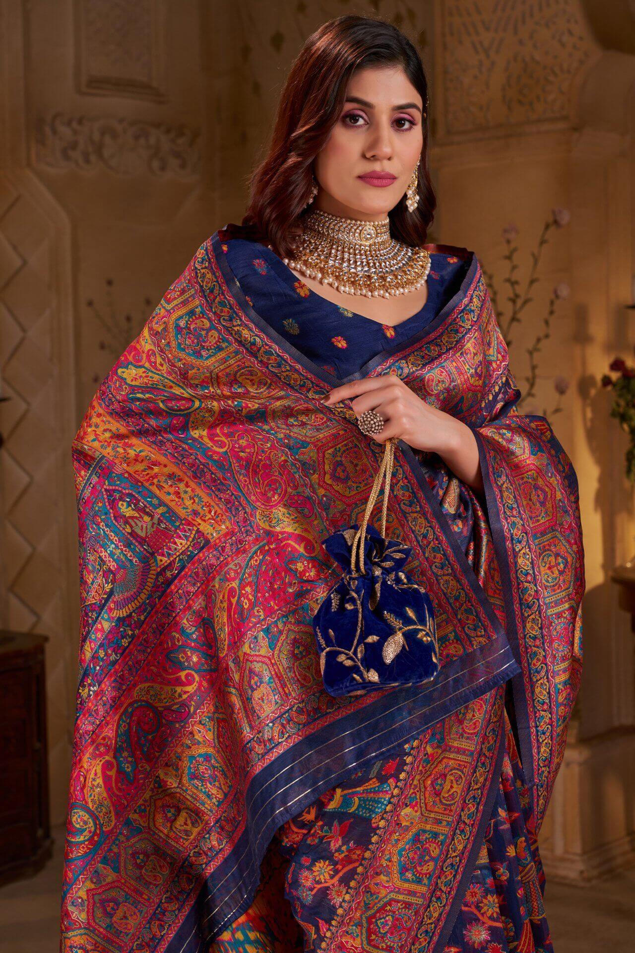 Diaphanous Navy Blue Pashmina Saree With Sumptuous Blouse Piece - Image 2