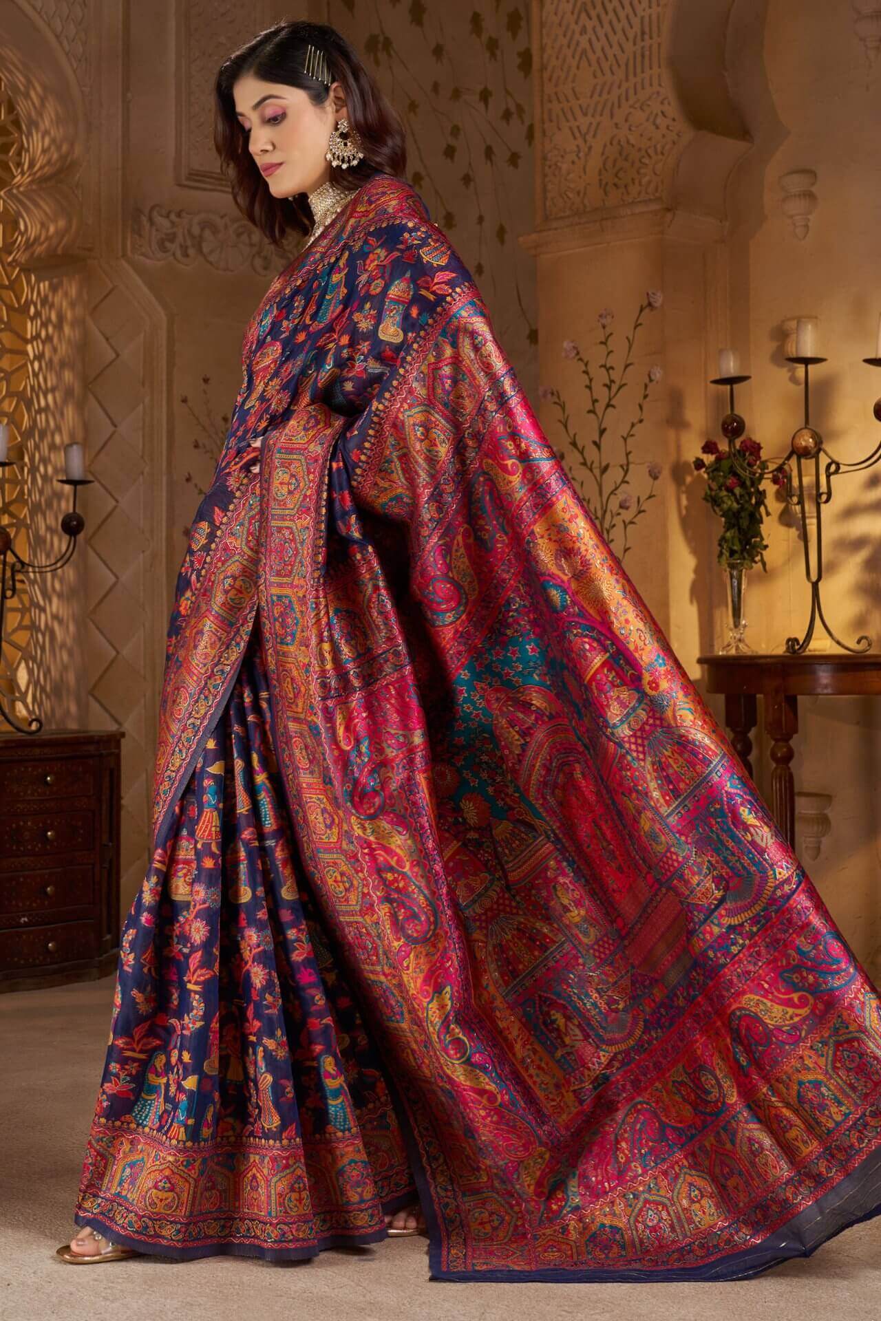 Diaphanous Navy Blue Pashmina Saree With Sumptuous Blouse Piece - Image 3