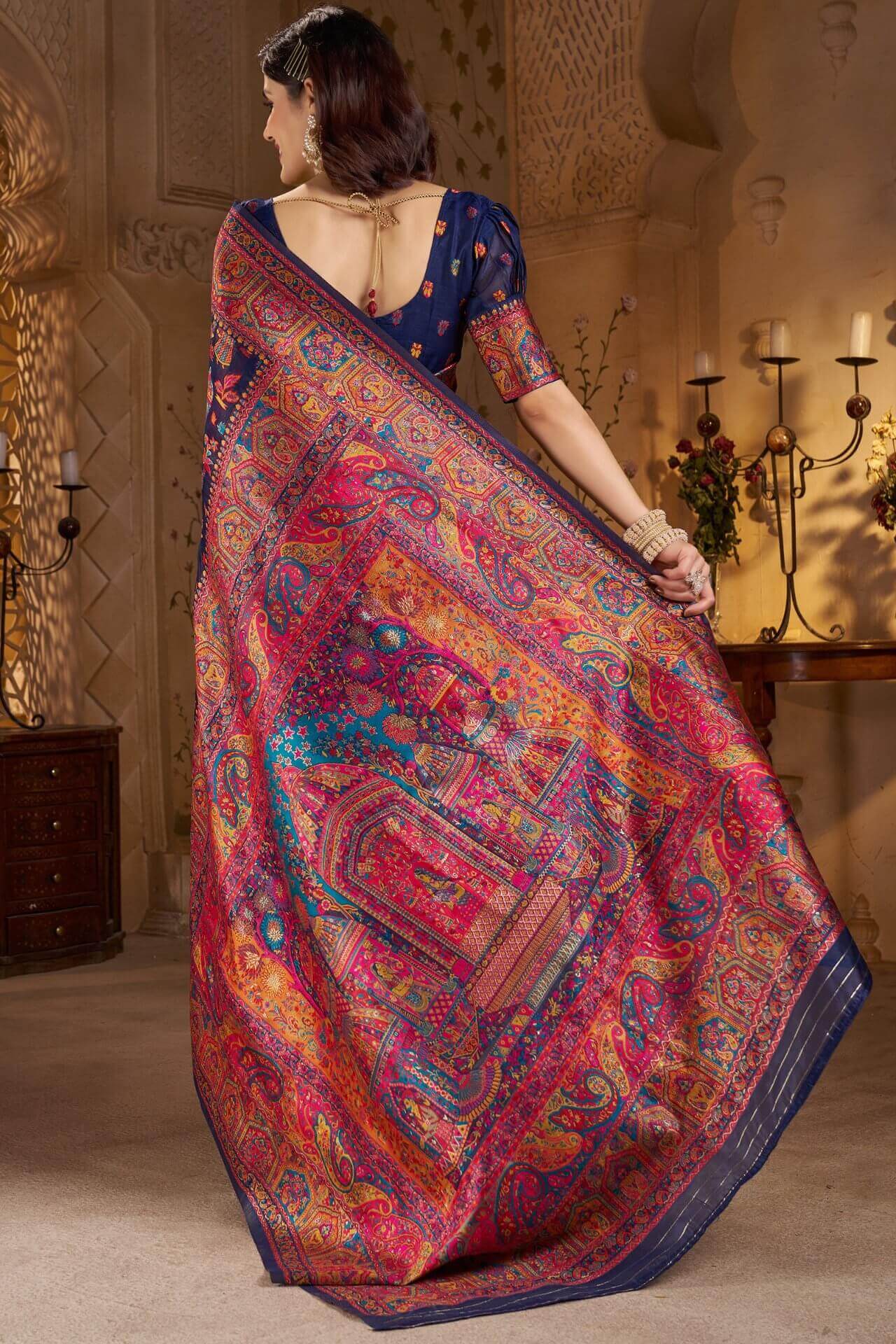 Diaphanous Navy Blue Pashmina Saree With Sumptuous Blouse Piece - Image 5