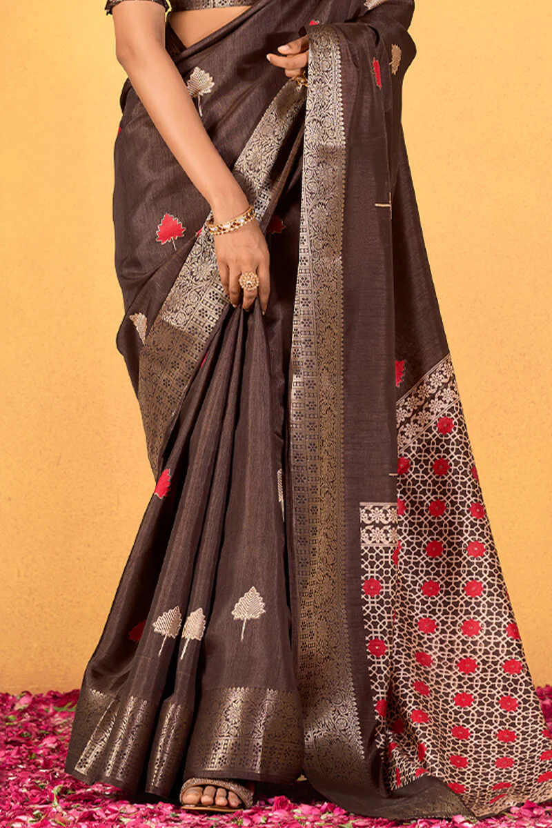 Dissemble Brown Foil Printed Dola Silk Saree With Lassitude Blouse Piece - Image 3