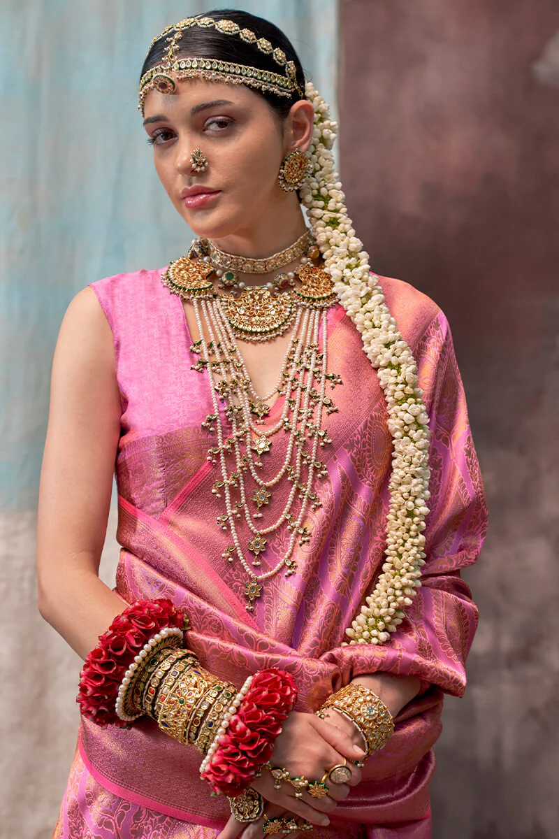 Dissemble Pink Kanjivaram Silk Saree With Ephemeral Blouse Piece - Image 2