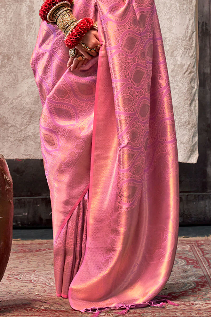 Dissemble Pink Kanjivaram Silk Saree With Ephemeral Blouse Piece - Image 3