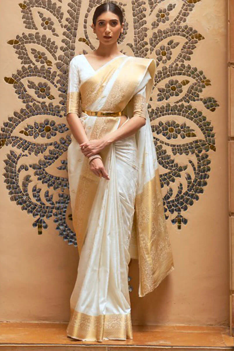 Dissemble White Kanjivaram Silk Saree With Embrocation Blouse Piece - Image 4