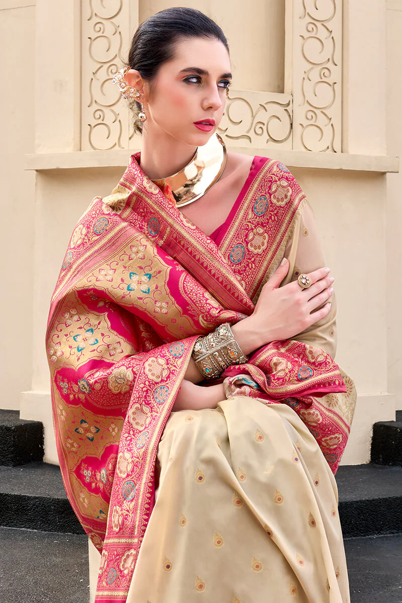 Divine Beige Soft Banarasi Silk Saree With Epiphany Blouse Piece - Image 2