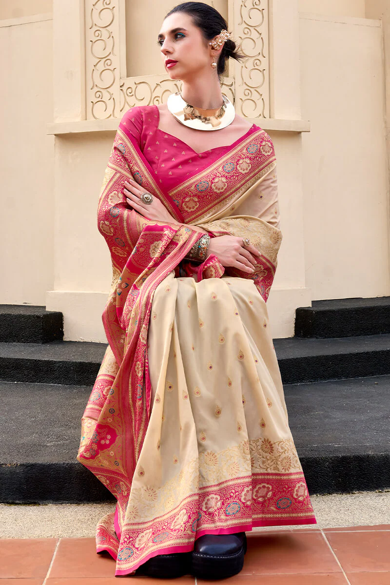 Divine Beige Soft Banarasi Silk Saree With Epiphany Blouse Piece - Image 3