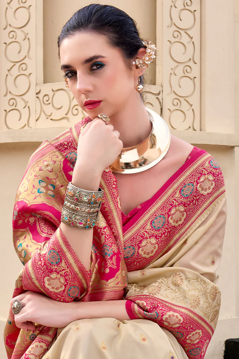 Divine Beige Soft Banarasi Silk Saree With Epiphany Blouse Piece - Image 4