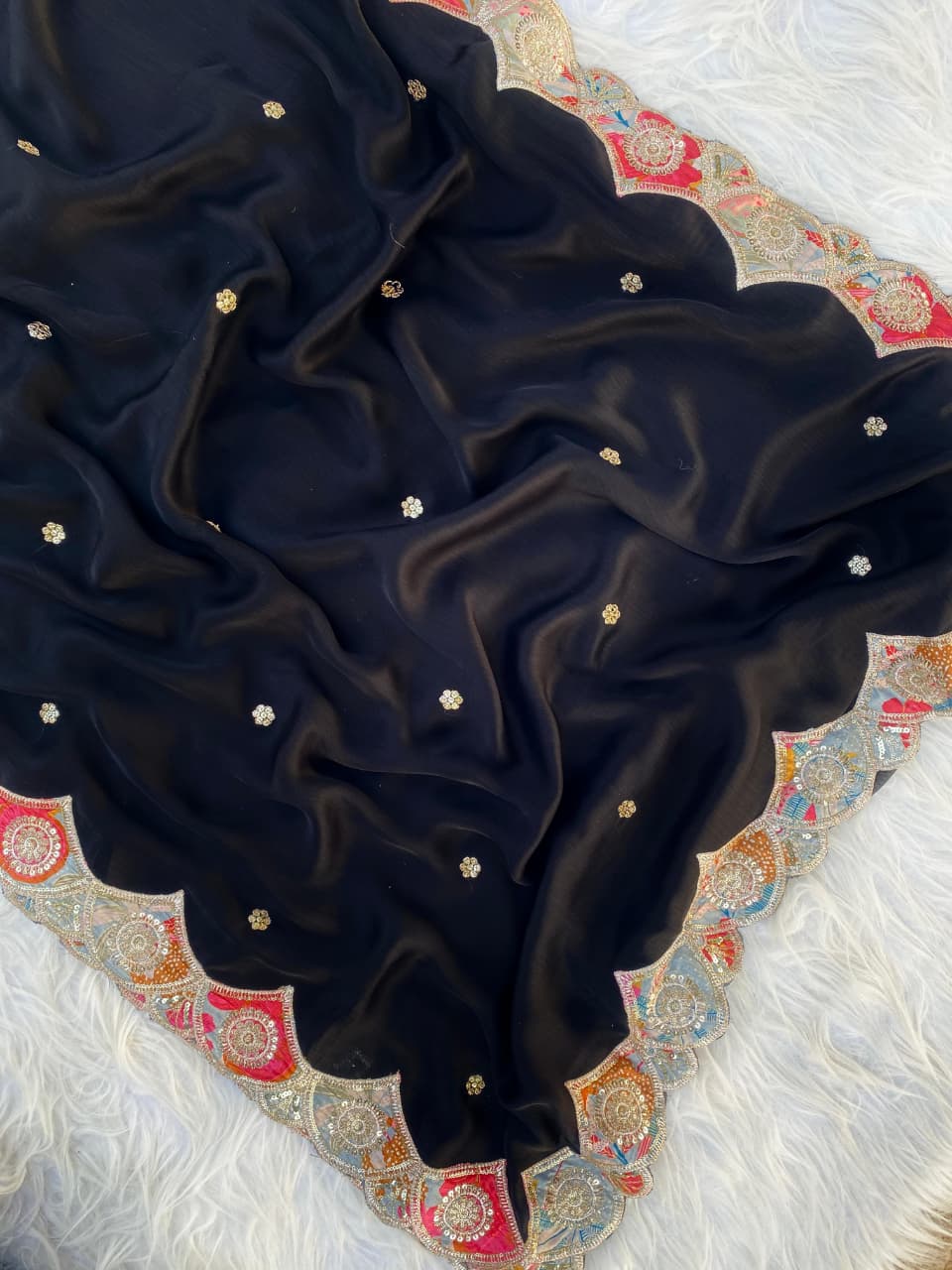 Divine Black Embroidery Work Pure Satin Georgette Saree With Diaphanous Blouse Piece - Image 3