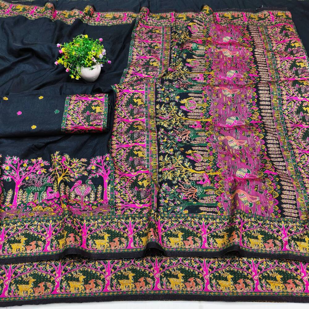 Divine Black Nylon Dola Pashmina Saree With Glowing Blouse Piece - Image 4