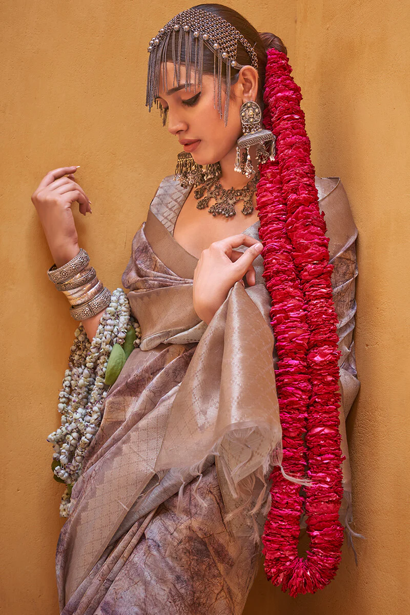 Divine Brown Digital Printed Cotton Silk Saree With Dalliance Blouse Piece - Image 2