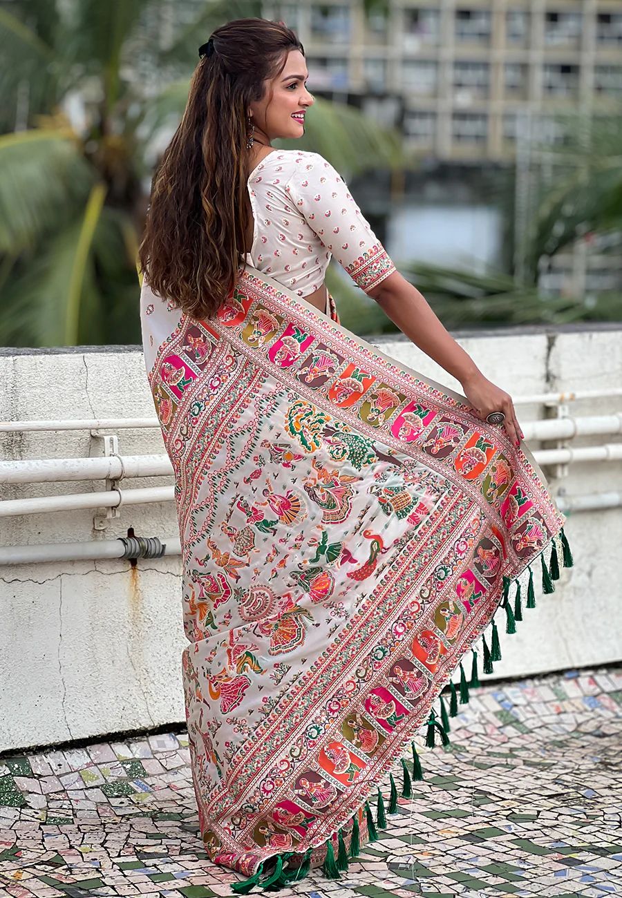 Divine Off White Nylon Dola Pashmina Saree With Seraphic Blouse Piece - Image 4