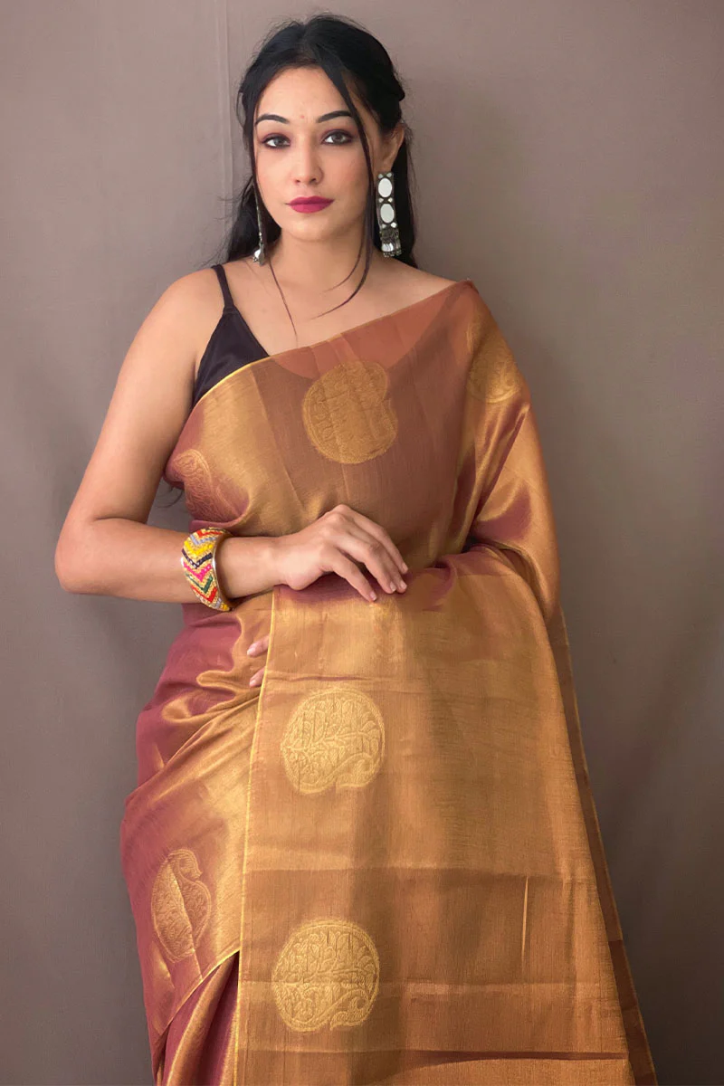 Divine Pink Soft Banarasi Tissue Silk Saree With Panoply Blouse Piece - Image 2