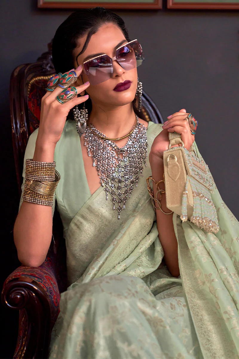 Divine Pista Soft Banarasi Silk Saree With Demure Blouse Piece - Image 2