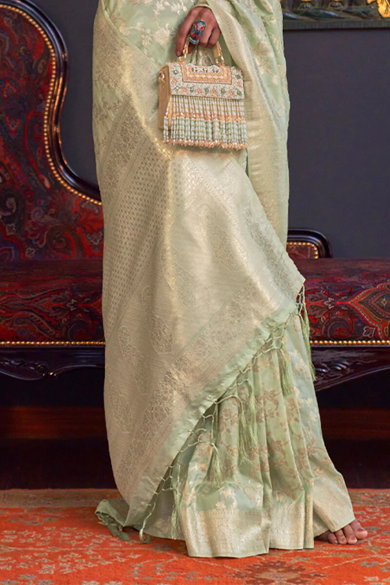 Divine Pista Soft Banarasi Silk Saree With Demure Blouse Piece - Image 3
