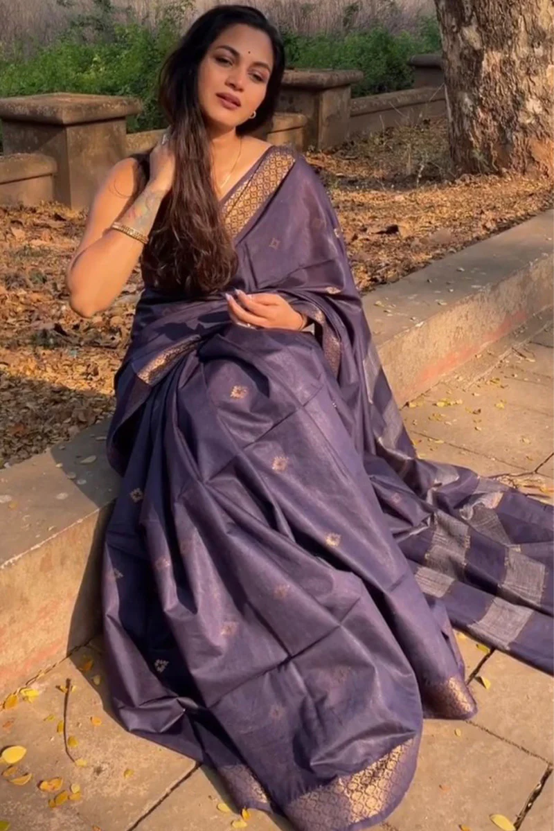 Divine Purple Soft Silk Saree With Brood Blouse Piece - Image 3