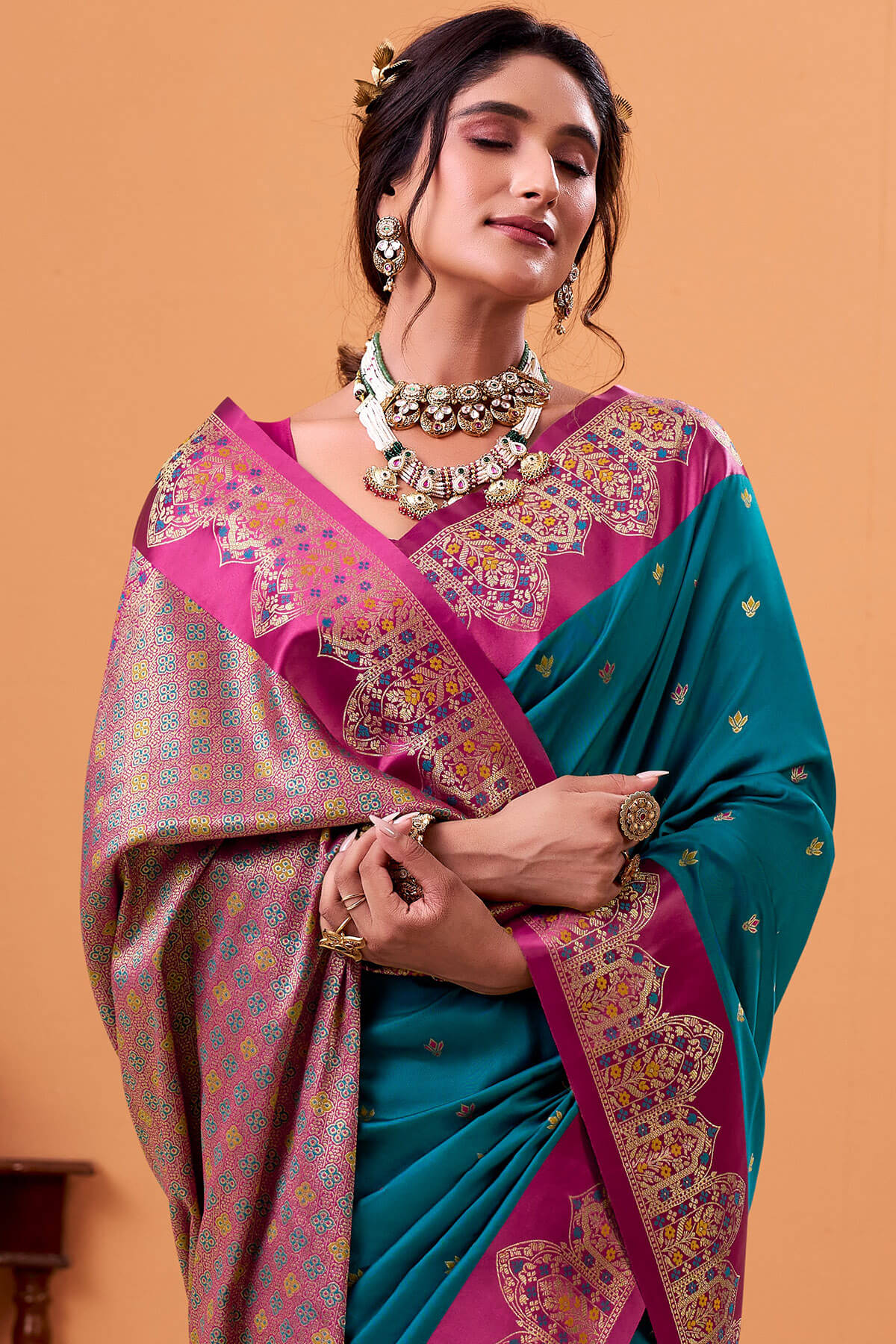 Divine Rama Banarasi Satin Silk Saree With Scintilla Blouse - Image 2
