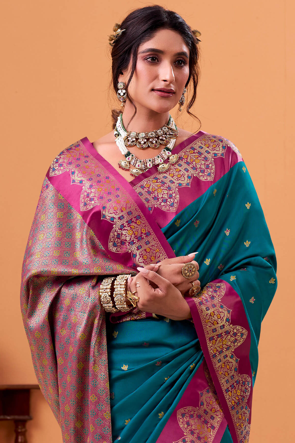Divine Rama Banarasi Satin Silk Saree With Scintilla Blouse - Image 3