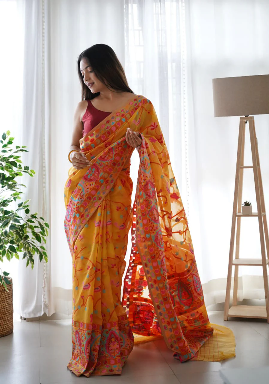 Divine Yellow Pashmina saree With Beleaguer Blouse Piece - Image 4