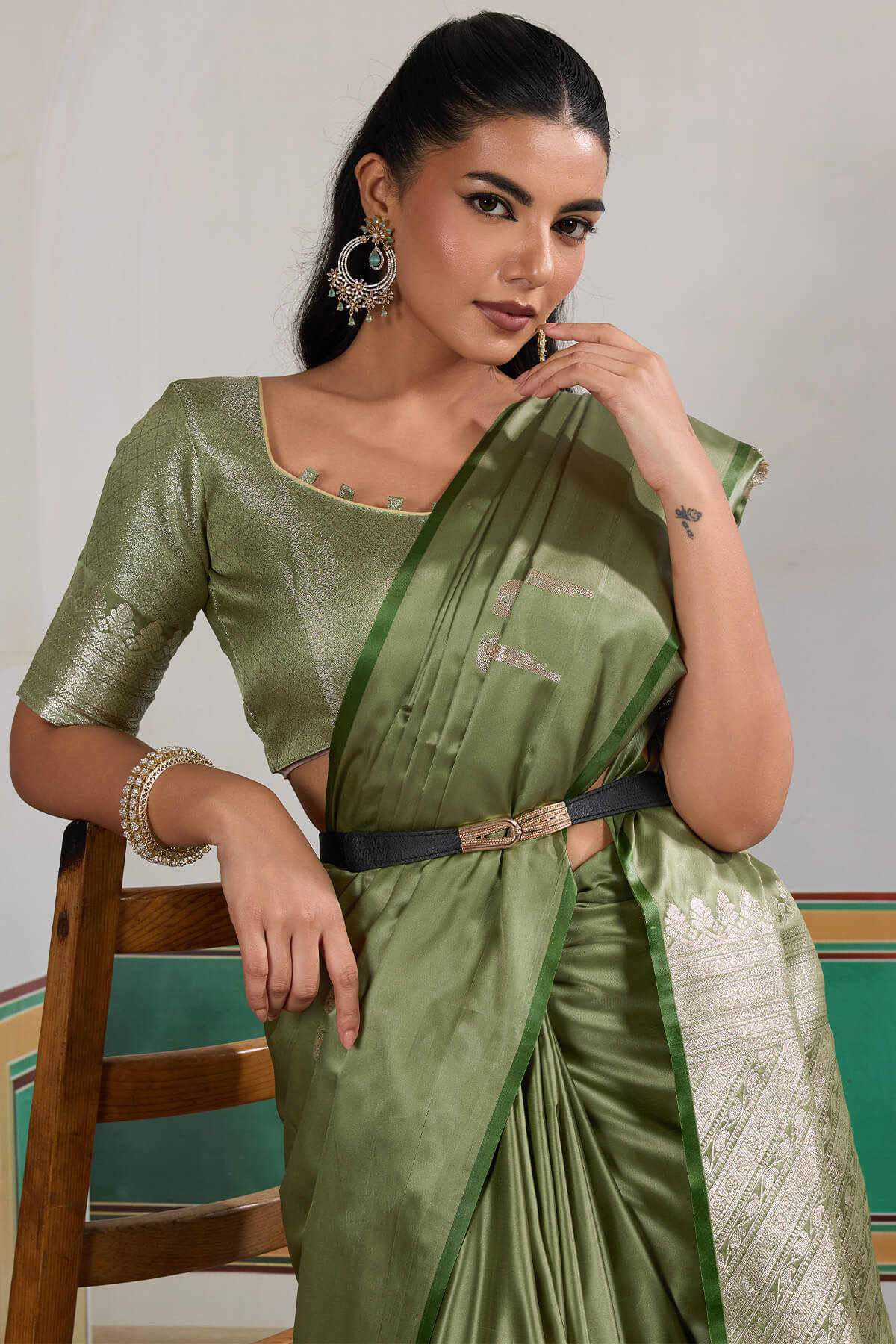 Dulcet Green Banarasi Satin Silk Saree With Felicitous Blouse - Image 2