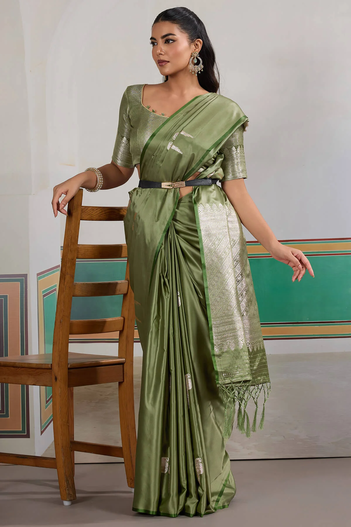 Dulcet Green Banarasi Satin Silk Saree With Felicitous Blouse - Image 4