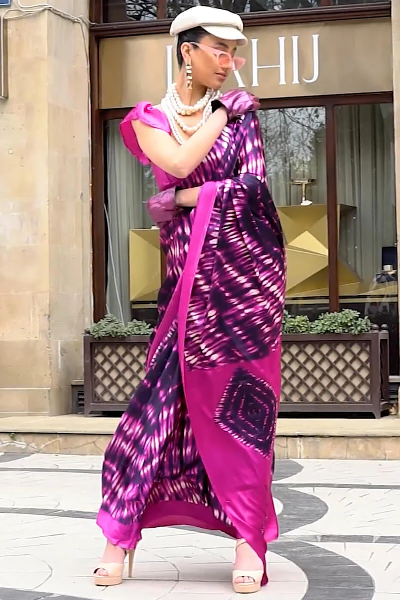 Dulcet Purple Digital Printed Satin Silk Saree With Ethereal Blouse Piece - Image 2