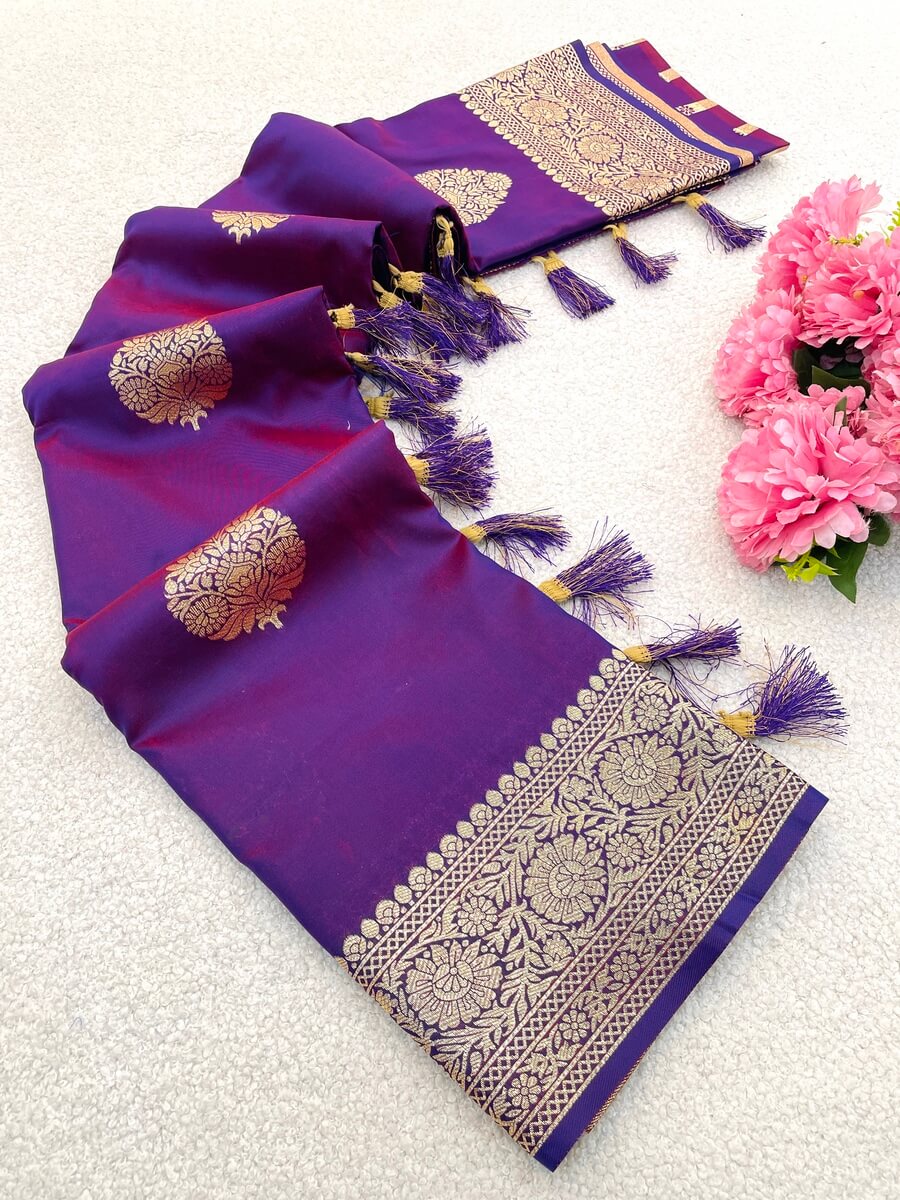 Dulcet Purple Pure Zari Weaving Banarasi Silk Saree With Dazzling Blouse Piece - Image 2