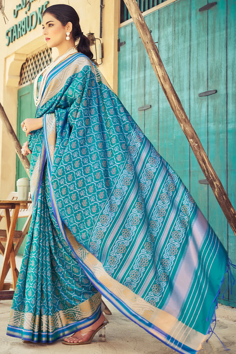 Ebullience Firozi Soft Banarasi Silk Saree With Traditional Blouse Piece - Image 5