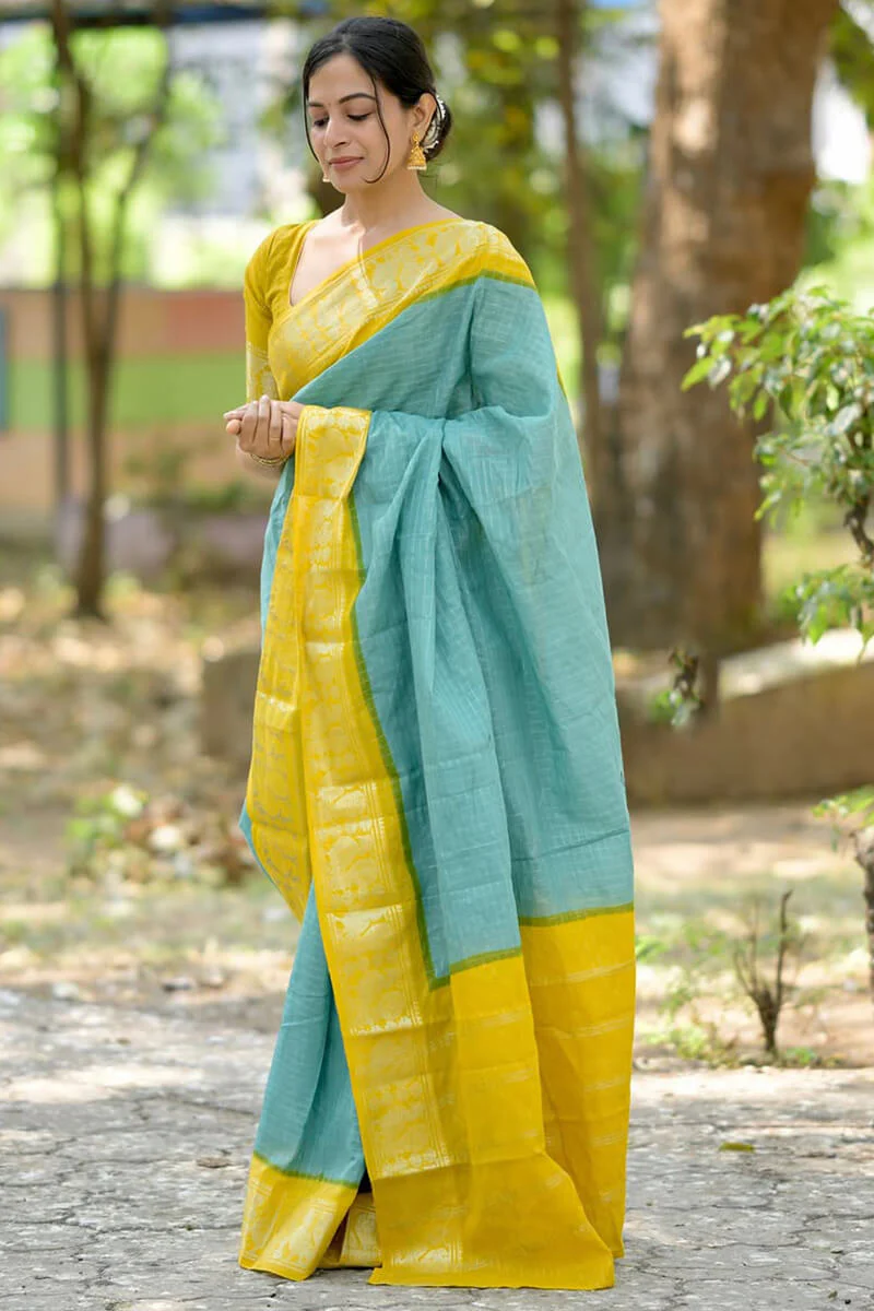 Ebullience Firozi Soft Silk Saree With Artistic Blouse Piece - Image 3