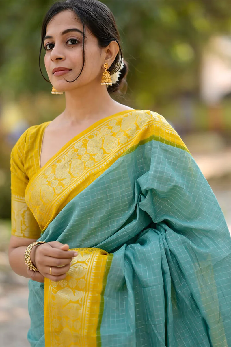 Ebullience Firozi Soft Silk Saree With Artistic Blouse Piece - Image 4